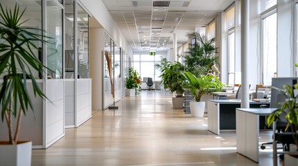 Interior of a beautiful modern office building with green space - obrazy, fototapety, plakaty