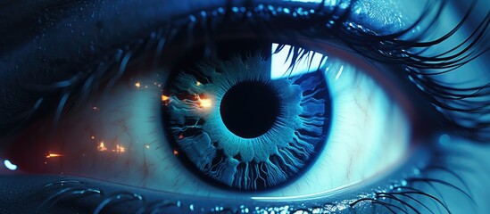 Close-up view of a single eye with a striking blue iris, capturing the intricate details and beauty of the human eye