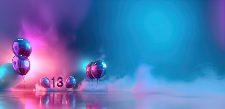 13th birthday concept. number 13 surrounded by metallic balloons illuminated by a pink light on a blue background, copy space