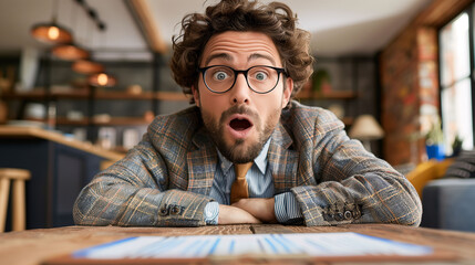 Surprised young man with curly hair and glasses leaning on a table in a modern office or home interior, expressing shock or amazement. - obrazy, fototapety, plakaty
