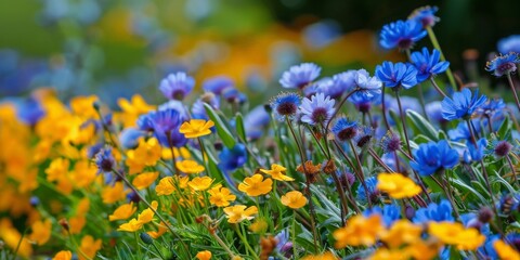 a vibrant close-up of yellow and blue wildflowers