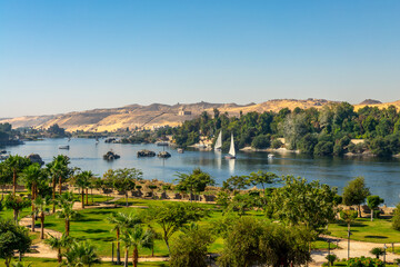 Aerial panoramic view of the Nile river with Feluccas (traditional egyptian sailing boats) in...
