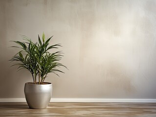 Potted plant on table in front of silver wall, in the style of minimalist backgrounds, exotic