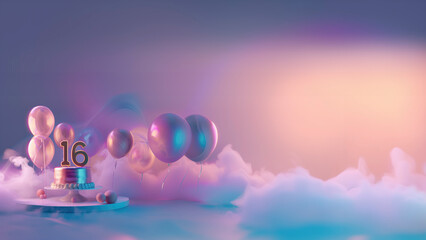 minimalist 16th birthday concept. cake with golden number 16 on top surrounded by metallic balloons and clouds on gradient background, copy space