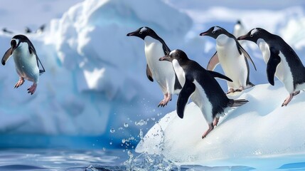 Adorable penguins are gathered on top of an iceberg in the Antarctic region. The penguins are standing together, showcasing their unique black and white markings, with some flapping their wings. The