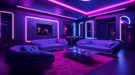 Intérieur d'une maison ou appartement moderne, contemporain avec néons et lumières rose, mauve, violette. Habitation, intérieur, luxe, sofa. Ambiance sombre. Pour conception et création graphique.