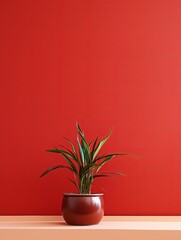 Potted plant on table in front of red wall, in the style of minimalist backgrounds, exotic