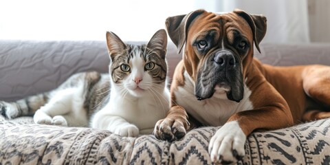 A cute cat and a big dog sit next to each other. Looking at the camera on the sofa at home - obrazy, fototapety, plakaty