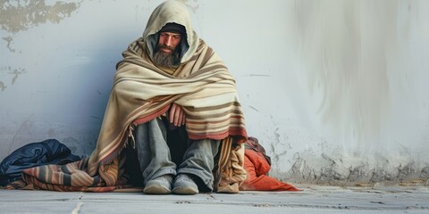 A homeless man or bum, wrapped in blankets and sleeping bags, sits with his head covered on the sidewalk - obrazy, fototapety, plakaty