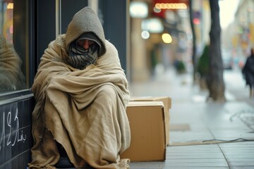 A homeless man or bum, wrapped in blankets and sleeping bags, sits with his head covered on the sidewalk