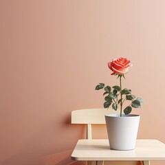 Potted plant on table in front of rose wall, in the style of minimalist backgrounds, exotic, rose and beige