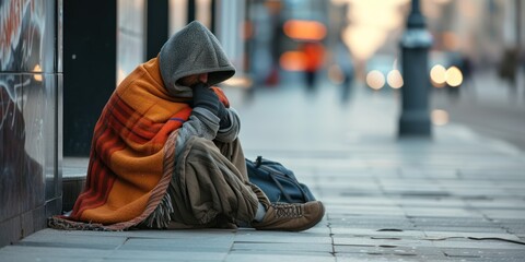 A homeless man or bum, wrapped in blankets and sleeping bags, sits with his head covered on the sidewalk - obrazy, fototapety, plakaty