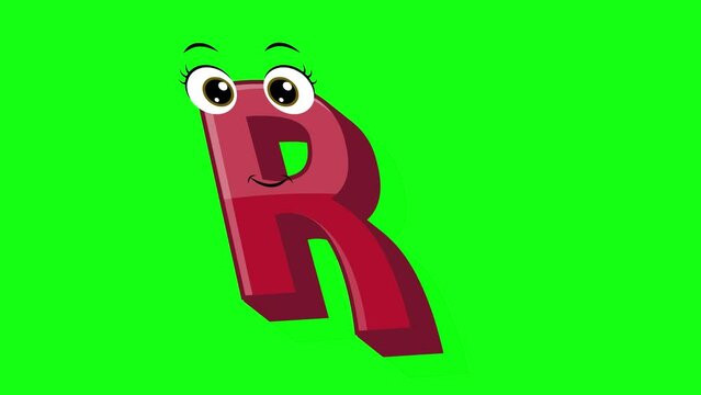 Cartoon style letter r 2d animation with green screen background, r alphabet dancing letters for little kids