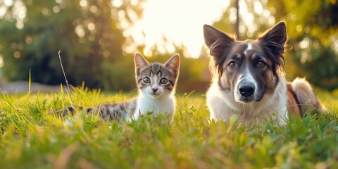 Cute little cat and Big dog sitting on the green grass Looking at the camera on a sunny morning - obrazy, fototapety, plakaty