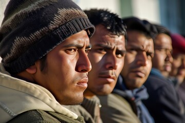 Immigrant men of various nationalities wait in line for access - obrazy, fototapety, plakaty