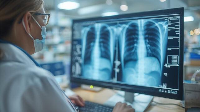 Doctor looking at x-ray image of lungs on computer in hospital