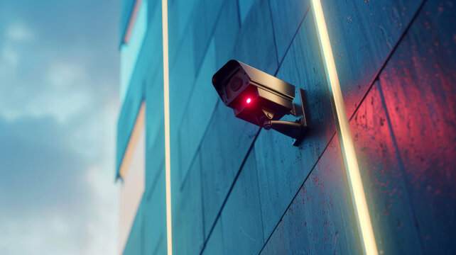 A futuristic security camera peers from the corner of a modern building.