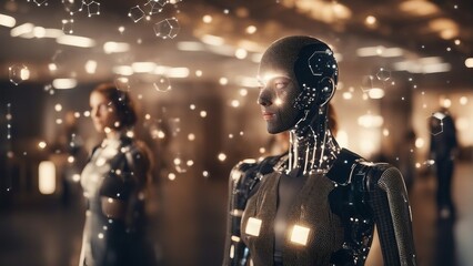 Generative AI. Each robot exudes a seamless blend of functionality and elegance, with polished metallic frames reflecting the vibrant hues of their surroundings. 