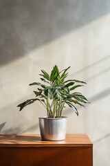 Potted plant on table in front of silver wall, in the style of minimalist backgrounds
