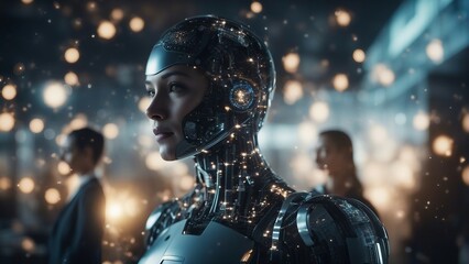 Generative AI. Each robot exudes a seamless blend of functionality and elegance, with polished metallic frames reflecting the vibrant hues of their surroundings. 