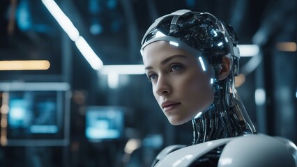 Generative AI. Each robot exudes a seamless blend of functionality and elegance, with polished metallic frames reflecting the vibrant hues of their surroundings. 