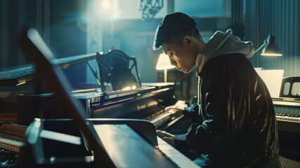 Young musician deeply focused on playing piano in a moody, atmospheric studio. - obrazy, fototapety, plakaty