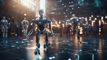 Generative AI. Each robot exudes a seamless blend of functionality and elegance, with polished metallic frames reflecting the vibrant hues of their surroundings. 