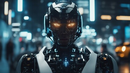 Generative AI. Each robot exudes a seamless blend of functionality and elegance, with polished metallic frames reflecting the vibrant hues of their surroundings. 