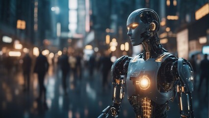 Generative AI. In a technologically advanced world, robots play a significant role in the lives of humans. Imagine a futuristic painting showcasing sleek, intelligent AI machines seamlessly integrated