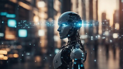 Generative AI. In a technologically advanced world, robots play a significant role in the lives of humans. Imagine a futuristic painting showcasing sleek, intelligent AI machines seamlessly integrated