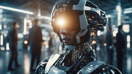 Generative AI. In a technologically advanced world, robots play a significant role in the lives of humans. Imagine a futuristic painting showcasing sleek, intelligent AI machines seamlessly integrated