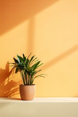 Potted plant on table in front of tan wall, in the style of minimalist backgrounds, exotic, tan and beige