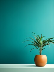 Potted plant on table in front of turquoise wall, in the style of minimalist backgrounds, exotic