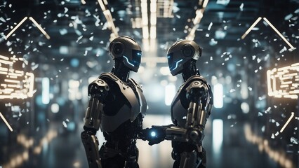 Generative AI. Data analytics. Machine learning. Decentralized ledger. Cryptographic. Block chain. Robots working with humans hands in hands. Science Fiction. Doing human work. Space ships futuristic.