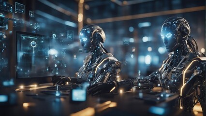 Generative AI. Data analytics. Machine learning. Decentralized ledger. Cryptographic. Block chain. Robots working with humans hands in hands. Science Fiction. Doing human work. Space ships futuristic.