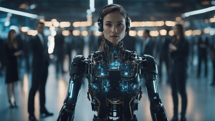 Generative AI. Data analytics. Machine learning. Decentralized ledger. Cryptographic. Block chain. Robots working with humans hands in hands. Science Fiction. Doing human work. Space ships futuristic.