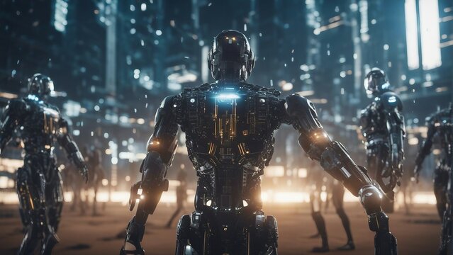 Generative AI. Data analytics. Machine learning. Decentralized ledger. Cryptographic. Block chain. Robots working with humans hands in hands. Science Fiction. Implementing AI into system. Backbone 