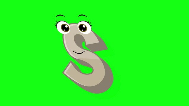 Cartoon style letter s 2d animation with green screen background, s alphabet dancing letters for little kids