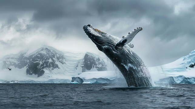 A humpback whale is seen breaching out of the water, displaying its impressive size and strength as it jumps.