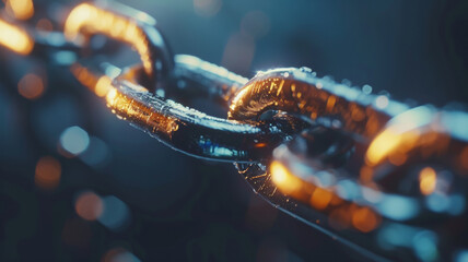 Up-close shot of a wet chain with glistening droplets, symbolizing strength and connectivity. - obrazy, fototapety, plakaty