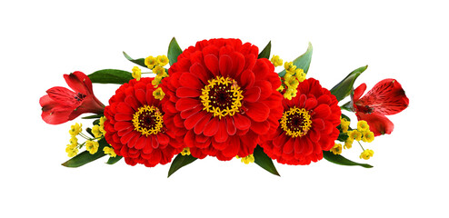 Red zinnia and alstroemeria flowers in a line floral arrangement isolated on white or transparent background