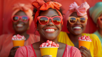 Joyful women with colorful headscarves and sunglasses holding popcorn at a cinema or festival. - obrazy, fototapety, plakaty
