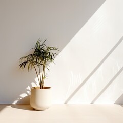 Potted plant on table in front of white wall, in the style of minimalist backgrounds, exotic