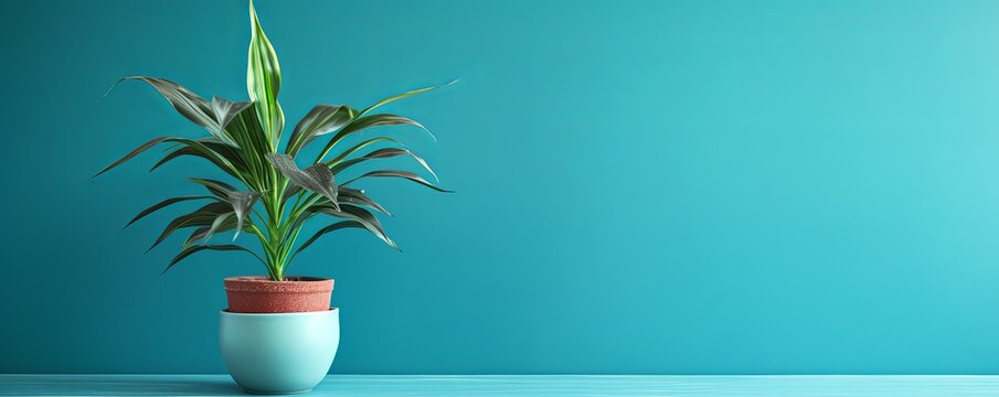 Potted plant on table in front of turquoise wall, in the style of minimalist backgrounds, exotic