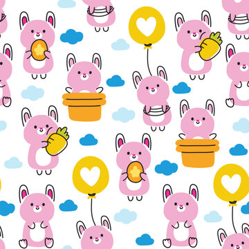 Seamless pattern of cute rabbit line hand drawn style in various poses with cloud on white background.Bunny cartoon.Rodent animal character design.Sky.Kawaii.Vector.Illustration.
