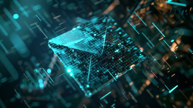 Digital realm: a cube-shaped network pulses with abstract data streams. - Powered by Adobe