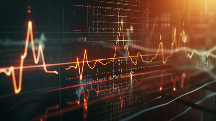 High-tech financial chart overlaying a dynamic cityscape background.