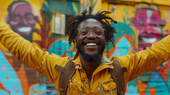 Joyful man with open arms in front of a colorful mural with smiling faces, expressing happiness and freedom.