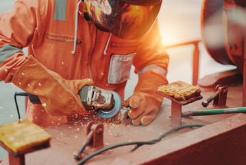 Seaman Seafarer Welder In Safety Protective Clothes Working With Cutting Grinding Disk Machine On...