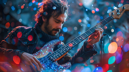 Male musician playing electric bass guitar with colorful bokeh lights in background.